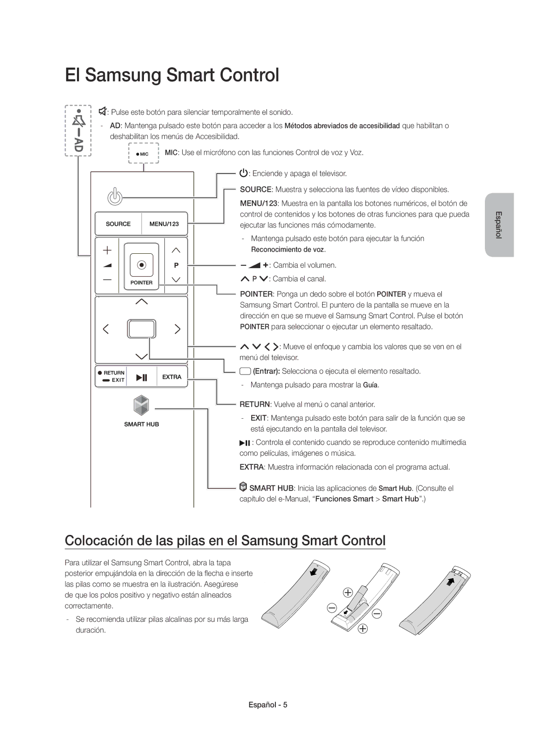 Samsung UE40JU7000TXXU, UE40JU7000TXZF manual El Samsung Smart Control, Colocación de las pilas en el Samsung Smart Control 