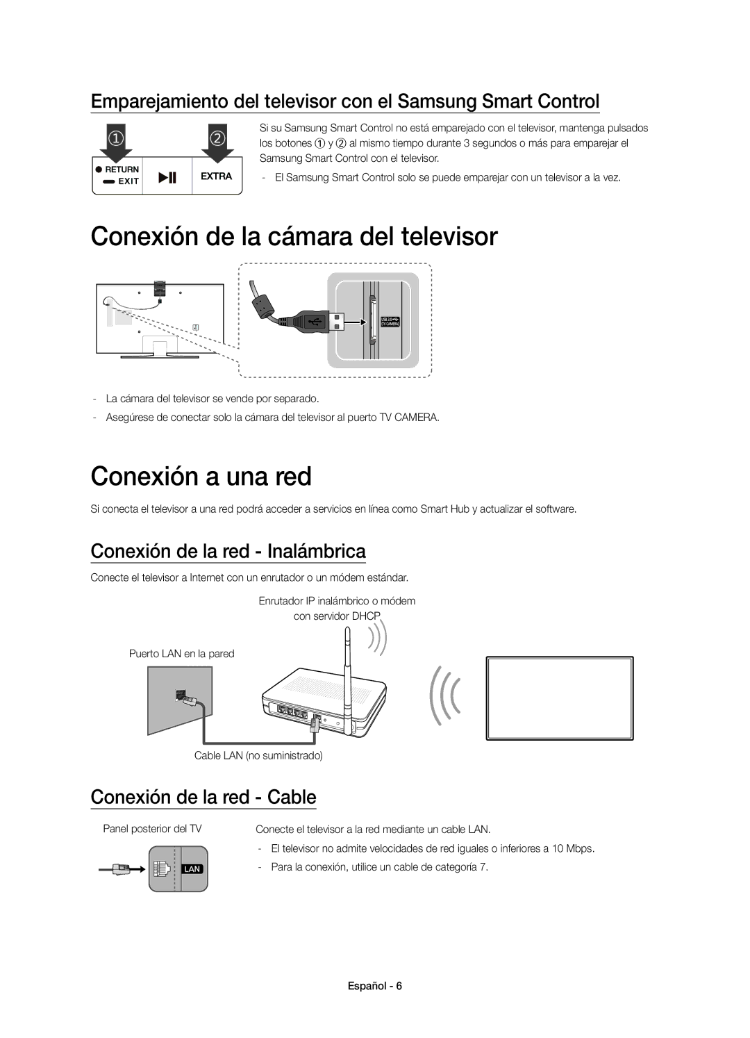 Samsung UE75JU7000TXXU manual Conexión de la cámara del televisor, Conexión a una red, Conexión de la red Inalámbrica 