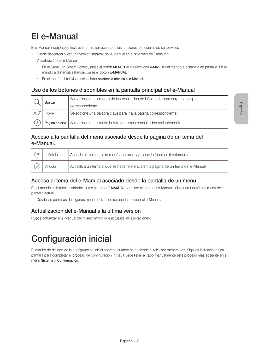 Samsung UE55JU7000TXXU El e-Manual, Configuración inicial, Actualización del e-Manual a la última versión, Correspondiente 