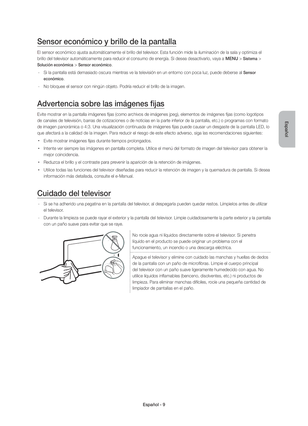 Samsung UE65JU7000TXZF, UE40JU7000TXZF manual Sensor económico y brillo de la pantalla, Advertencia sobre las imágenes fijas 