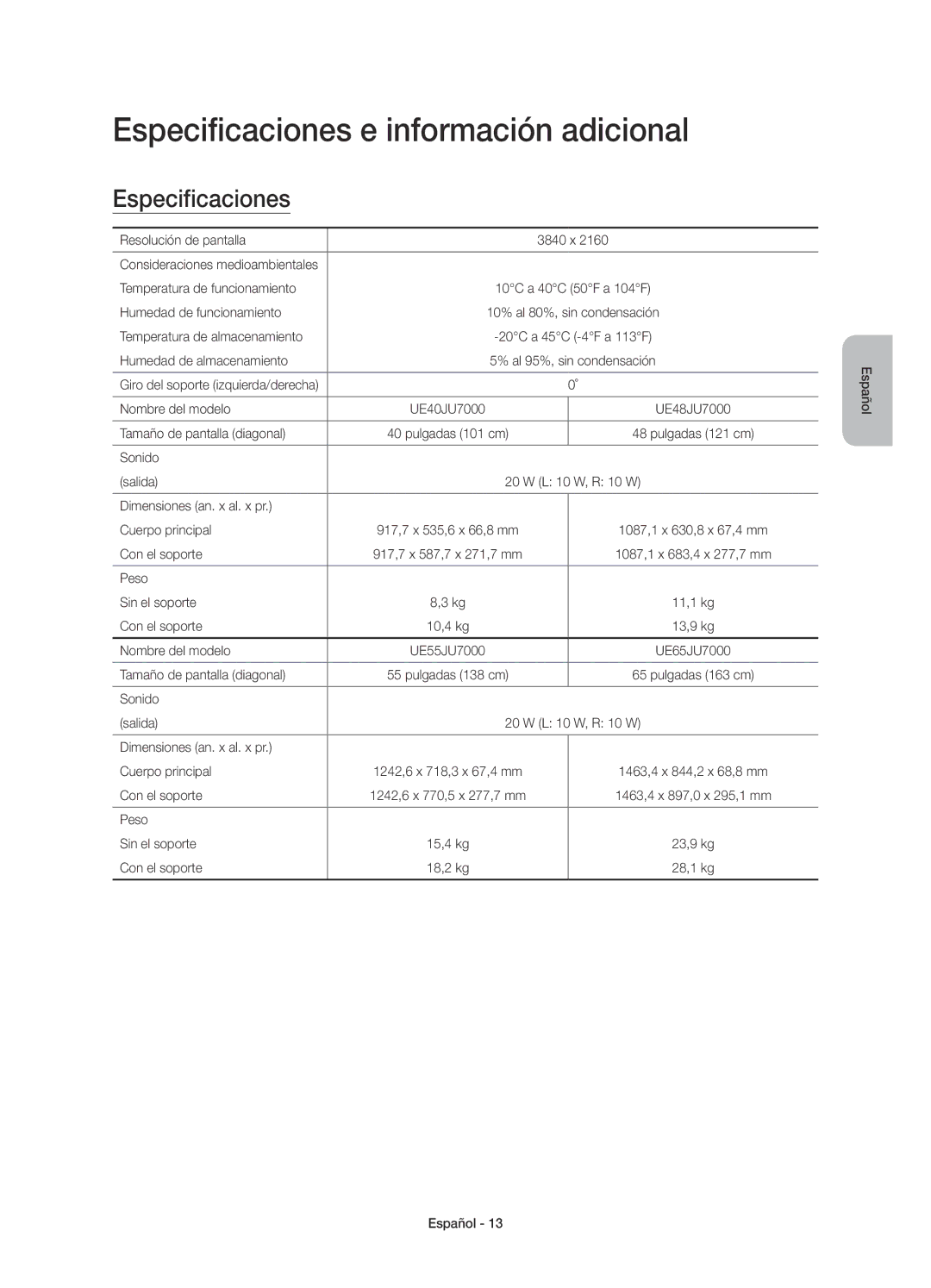 Samsung UE48JU7000TXZT, UE40JU7000TXZF, UE65JU7000TXZF, UE75JU7000TXZF manual Especificaciones e información adicional 