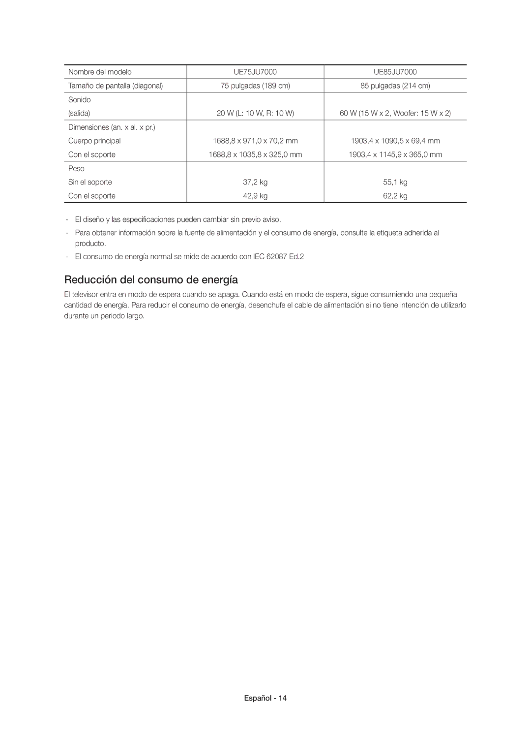 Samsung UE55JU7000TXZT, UE40JU7000TXZF, UE65JU7000TXZF, UE75JU7000TXZF, UE75JU7000TXZT manual Reducción del consumo de energía 