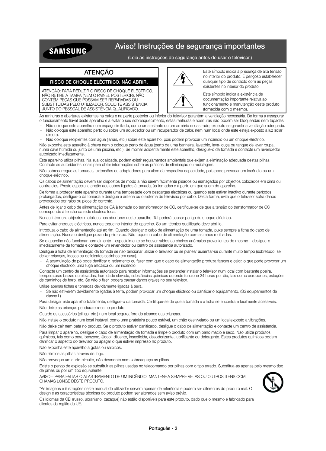 Samsung UE65JU7000TXXC, UE40JU7000TXZF, UE65JU7000TXZF, UE75JU7000TXZF Aviso! Instruções de segurança importantes, Português 