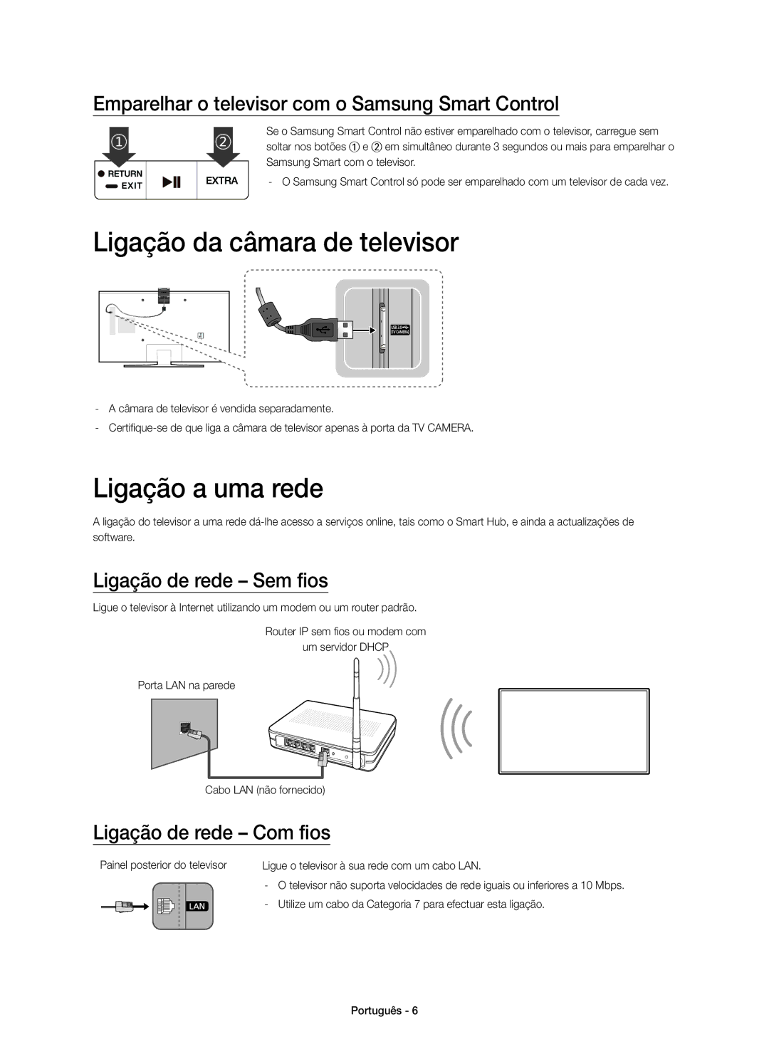 Samsung UE48JU7000TXXC, UE40JU7000TXZF manual Ligação da câmara de televisor, Ligação a uma rede, Ligação de rede Sem fios 