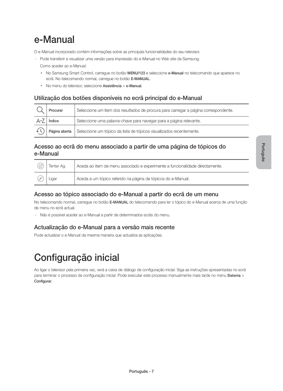 Samsung UE65JU7000TXXU, UE40JU7000TXZF manual Configuração inicial, Actualização do e-Manual para a versão mais recente 