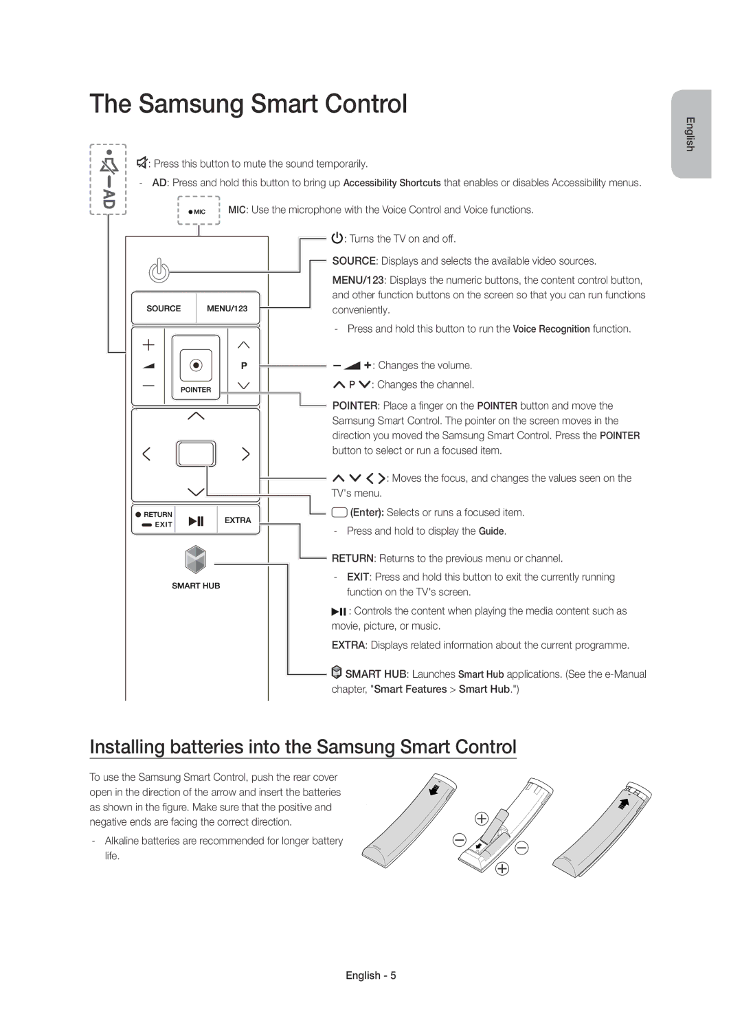 Samsung UE48JU7000TXZT, UE40JU7000TXZF, UE65JU7000TXZF manual Installing batteries into the Samsung Smart Control 