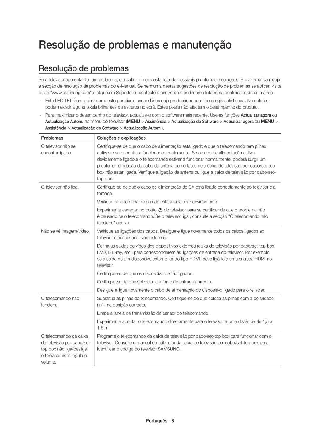 Samsung UE48JU7000TXXU, UE40JU7000TXZF, UE65JU7000TXZF, UE75JU7000TXZF, UE75JU7000TXZT Resolução de problemas e manutenção 