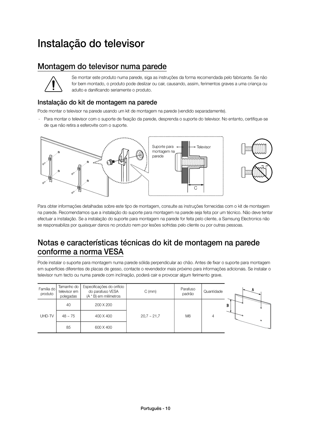 Samsung UE75JU7000TXXU Instalação do televisor, Montagem do televisor numa parede, Instalação do kit de montagem na parede 