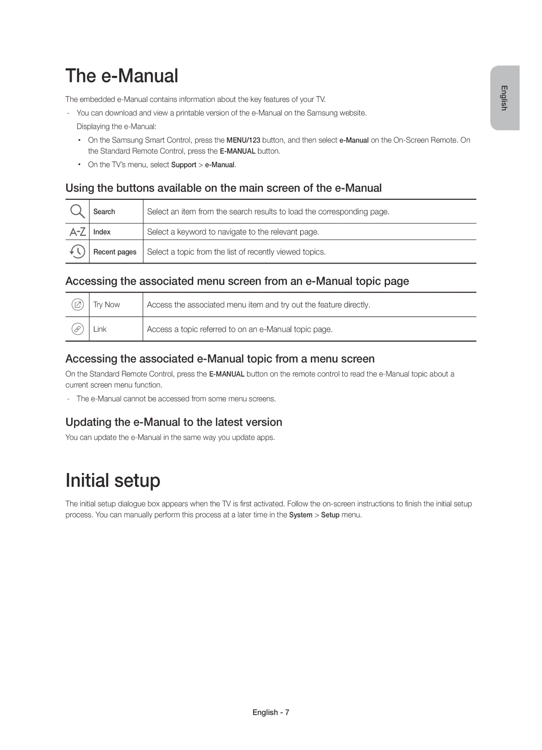 Samsung UE65JU7000TXZT manual E-Manual, Initial setup, Accessing the associated menu screen from an e-Manual topic 