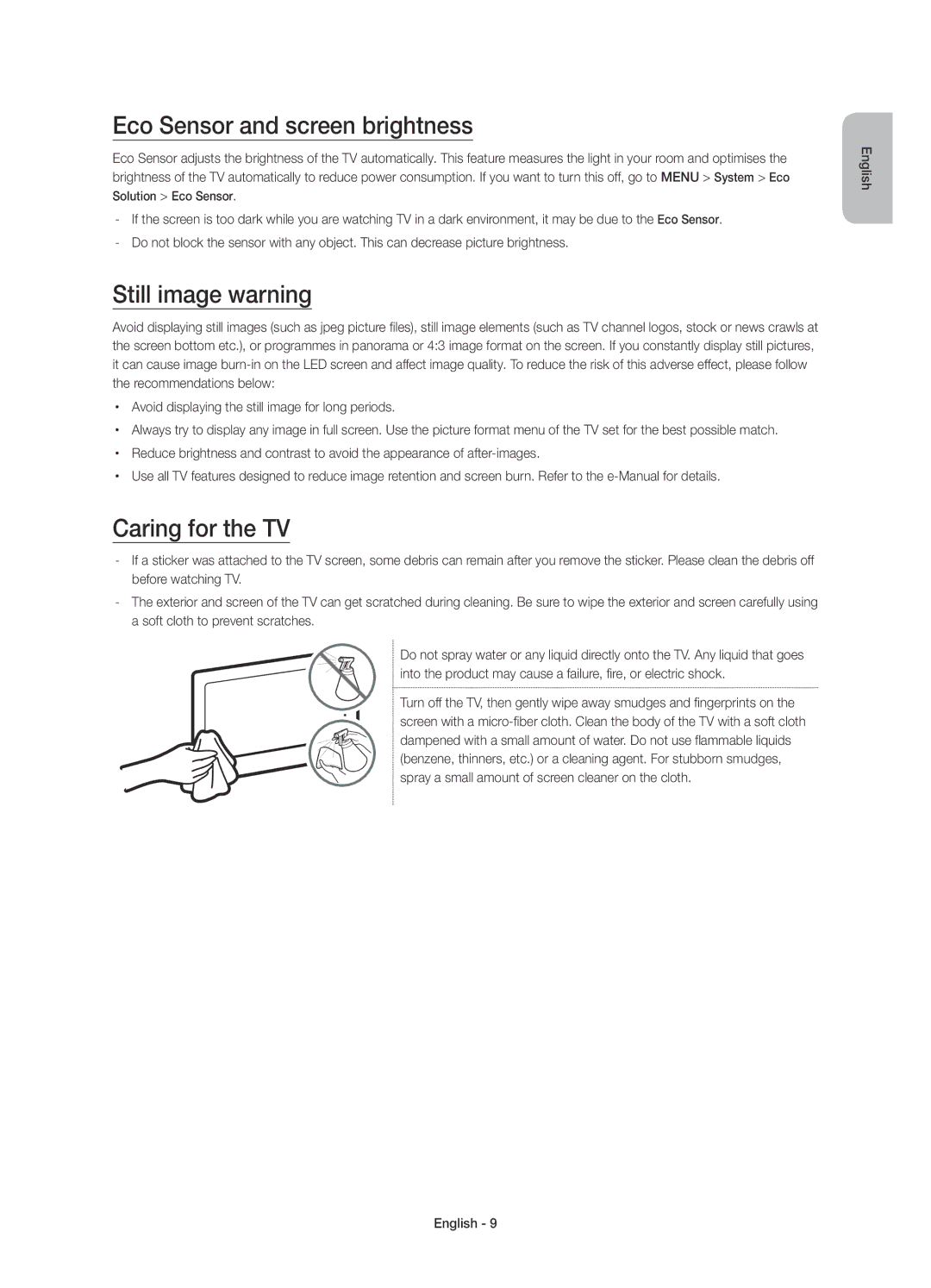 Samsung UE55JU7000TXXC, UE40JU7000TXZF manual Eco Sensor and screen brightness, Still image warning, Caring for the TV 