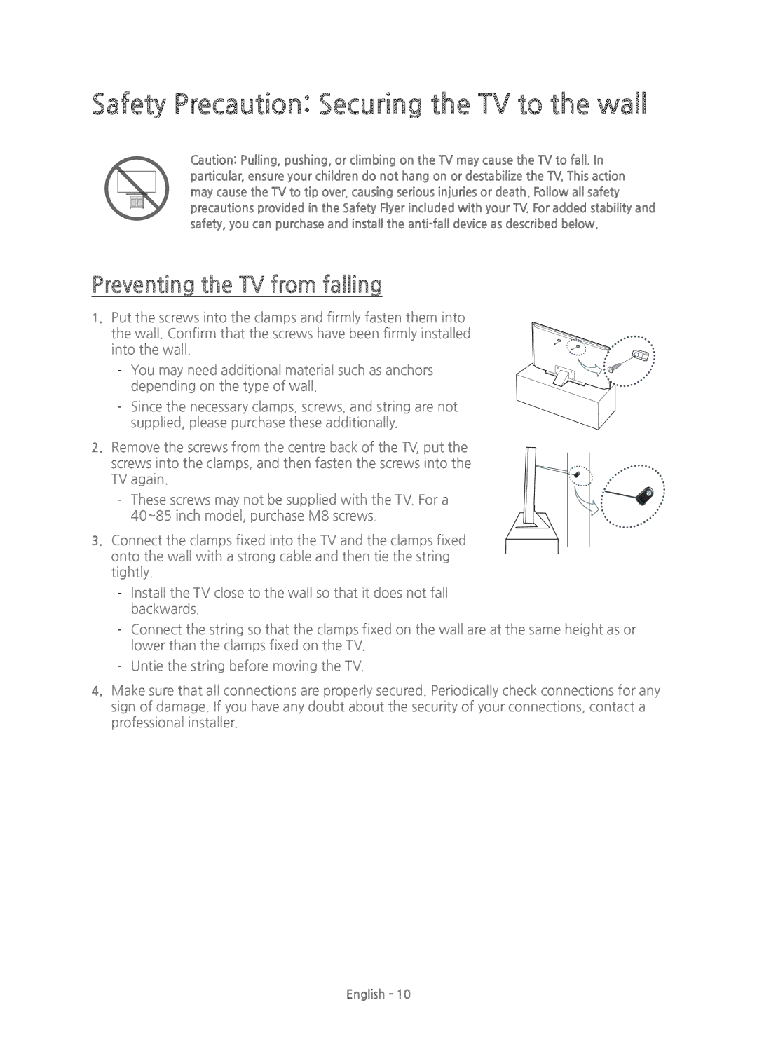 Samsung UE40JU7000TXXC, UE40JU7000TXZF manual Safety Precaution Securing the TV to the wall, Preventing the TV from falling 