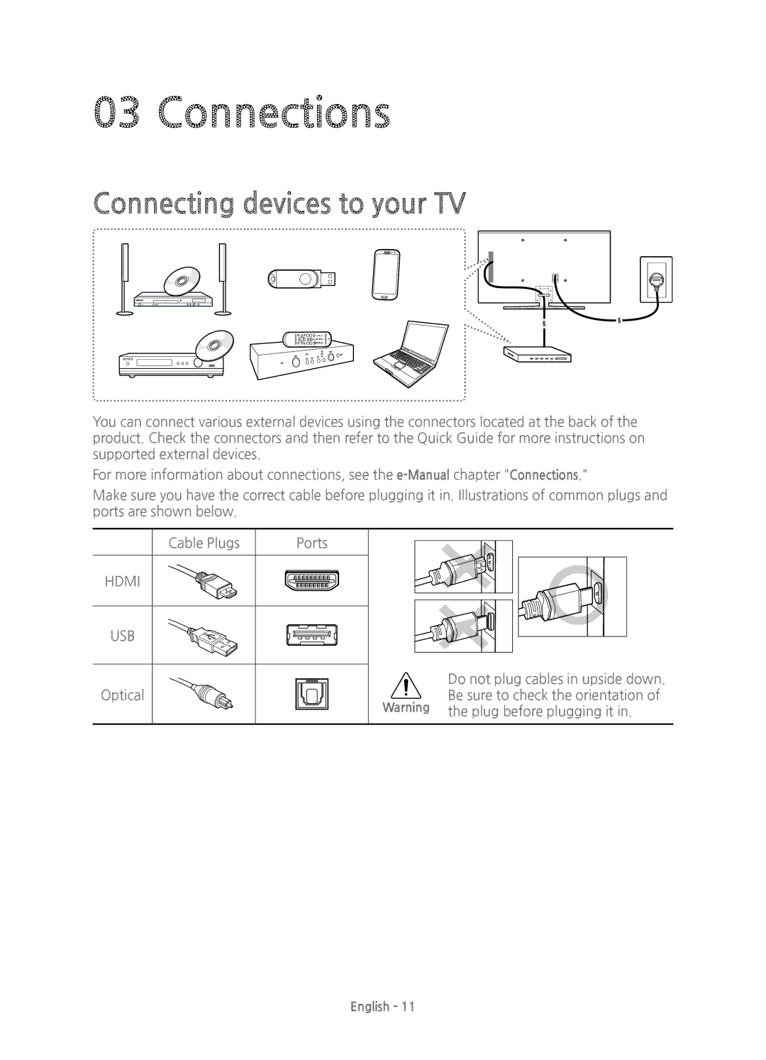 Samsung UE75JU7000TXXC, UE40JU7000TXZF, UE65JU7000TXZF, UE75JU7000TXZF manual Connections, Connecting devices to your TV 