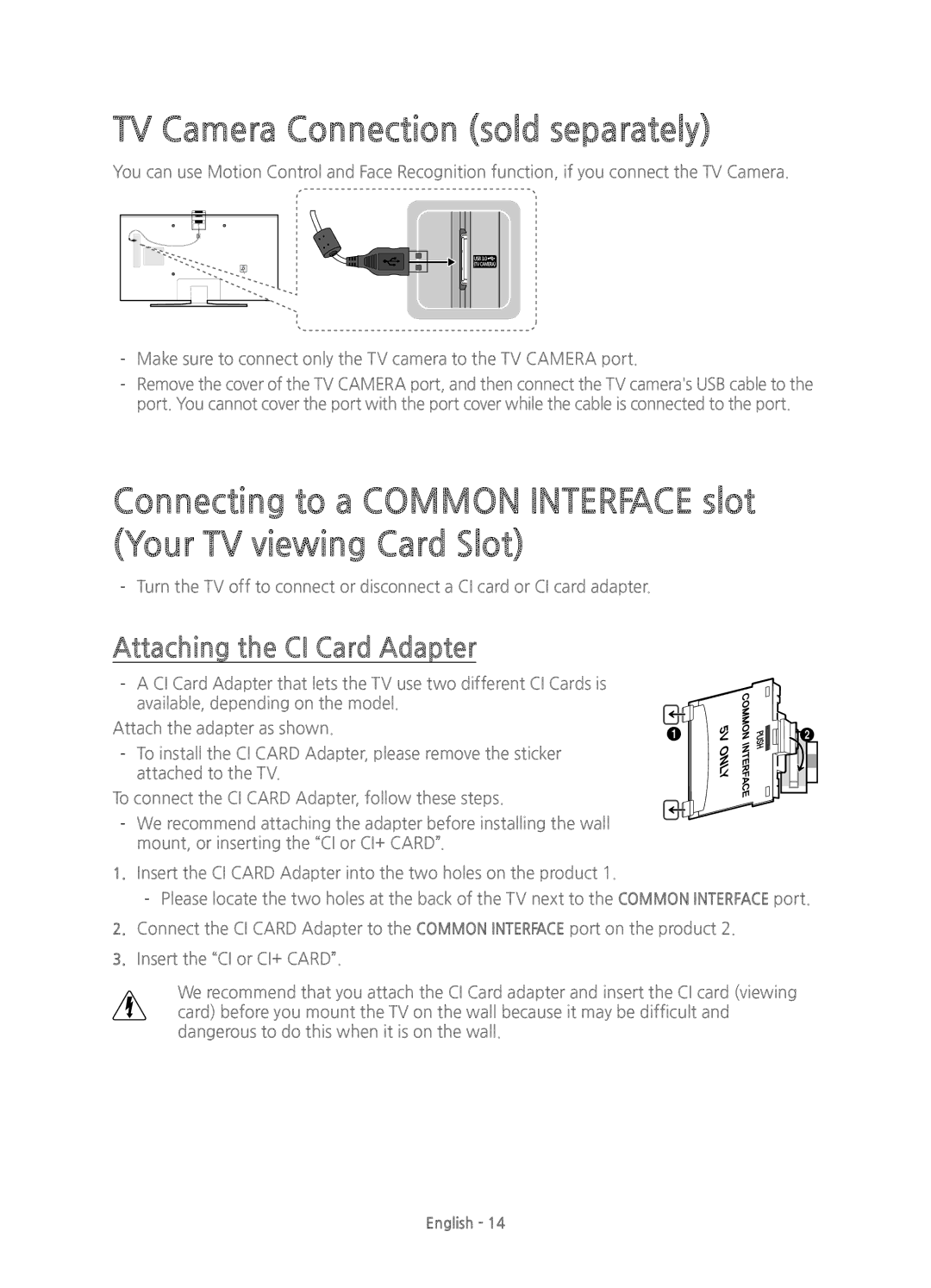 Samsung UE48JU7000TXXU, UE40JU7000TXZF, UE65JU7000TXZF TV Camera Connection sold separately, Attaching the CI Card Adapter 