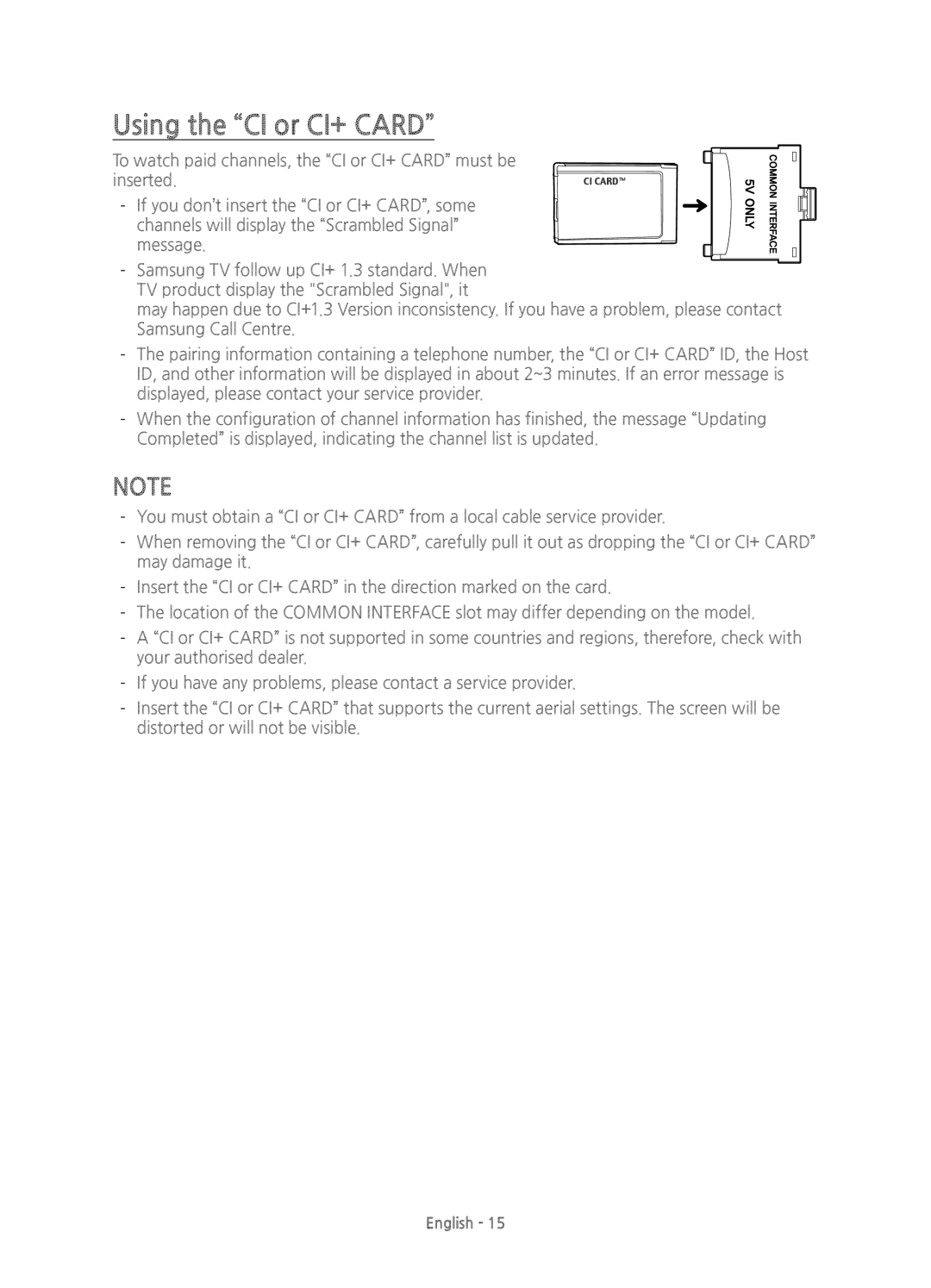 Samsung UE40JU7000TXXU, UE40JU7000TXZF, UE65JU7000TXZF, UE75JU7000TXZF, UE75JU7000TXZT manual Using the CI or CI+ Card 