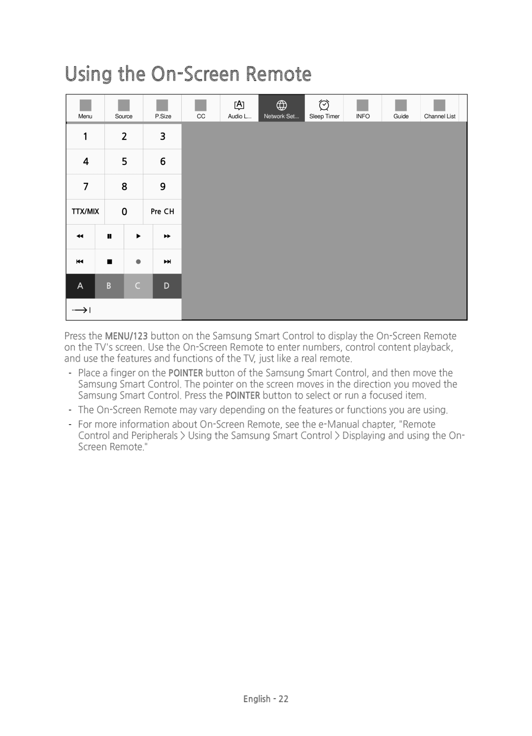 Samsung UE40JU7000TXZT, UE40JU7000TXZF, UE65JU7000TXZF, UE75JU7000TXZF, UE75JU7000TXZT manual Using the On-Screen Remote 