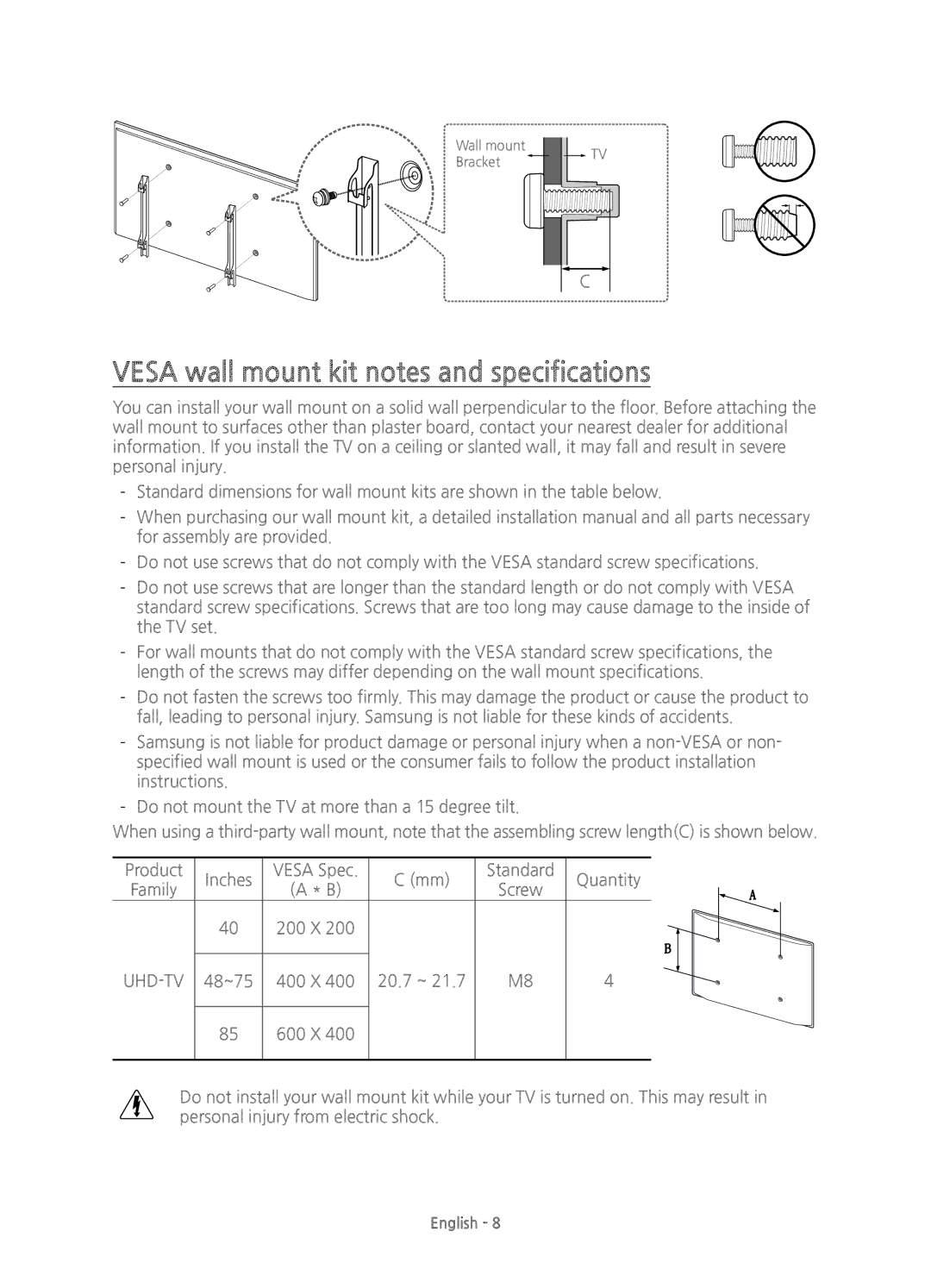 Samsung UE65JU7000TXXC, UE40JU7000TXZF, UE65JU7000TXZF, UE75JU7000TXZF Vesa wall mount kit notes and specifications, Uhd-Tv 