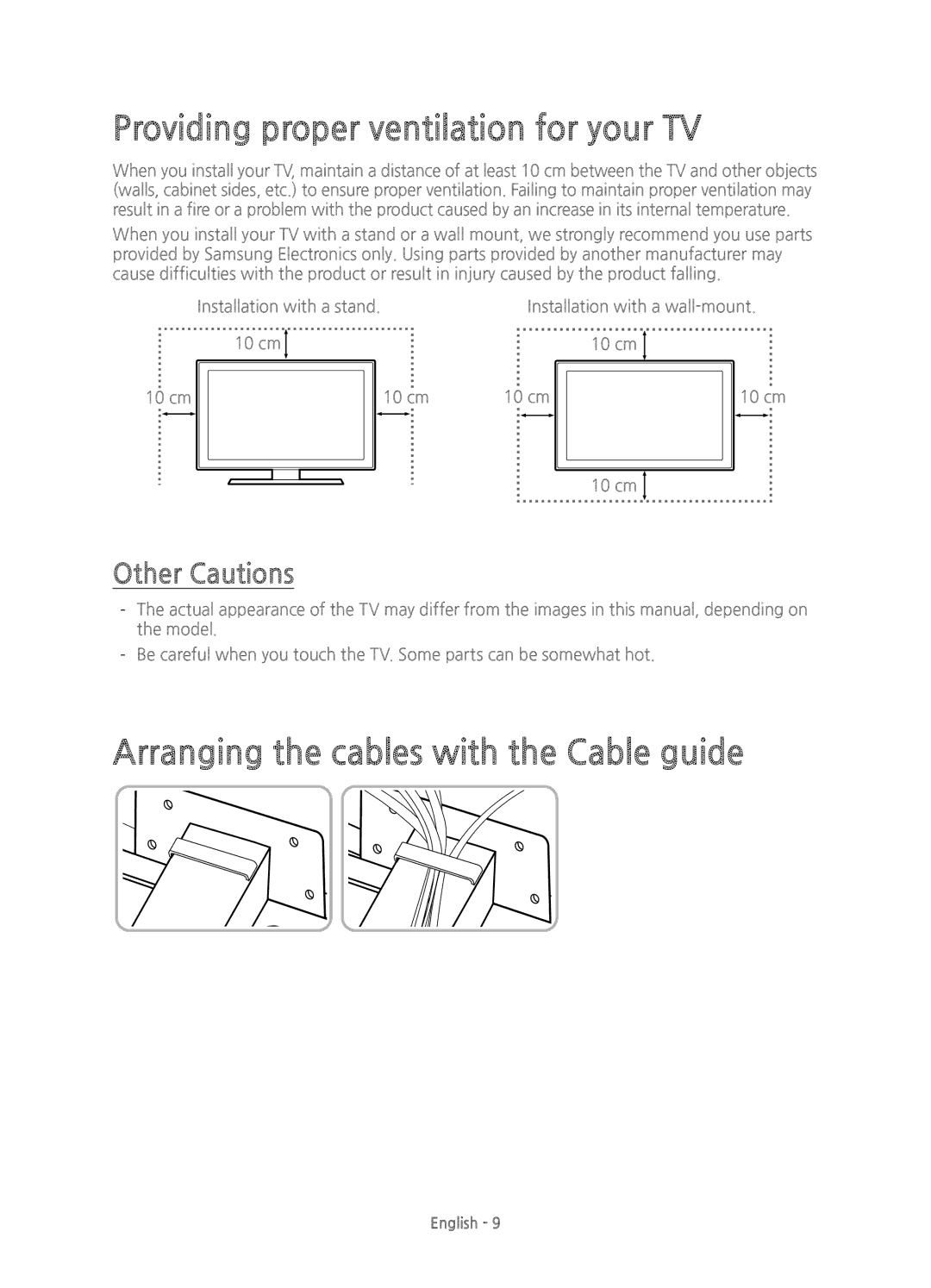 Samsung UE55JU7000TXXC Providing proper ventilation for your TV, Arranging the cables with the Cable guide, Other Cautions 