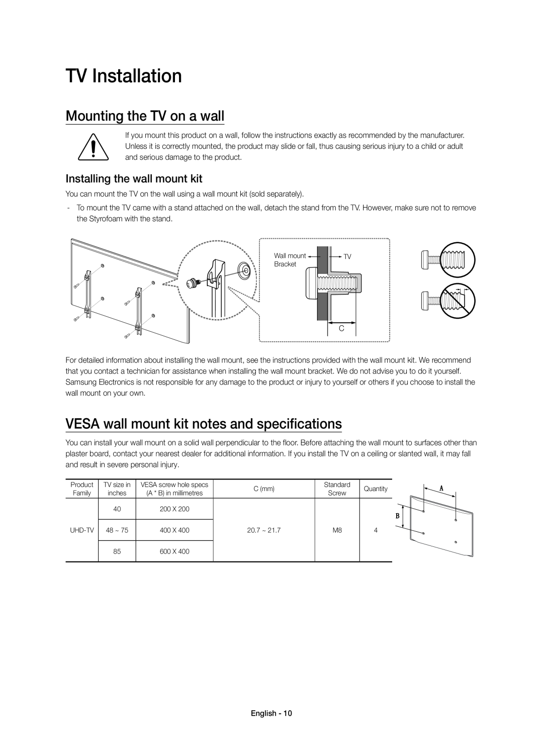 Samsung UE40JU7000TXXC manual TV Installation, Mounting the TV on a wall, VESA wall mount kit notes and specifications 