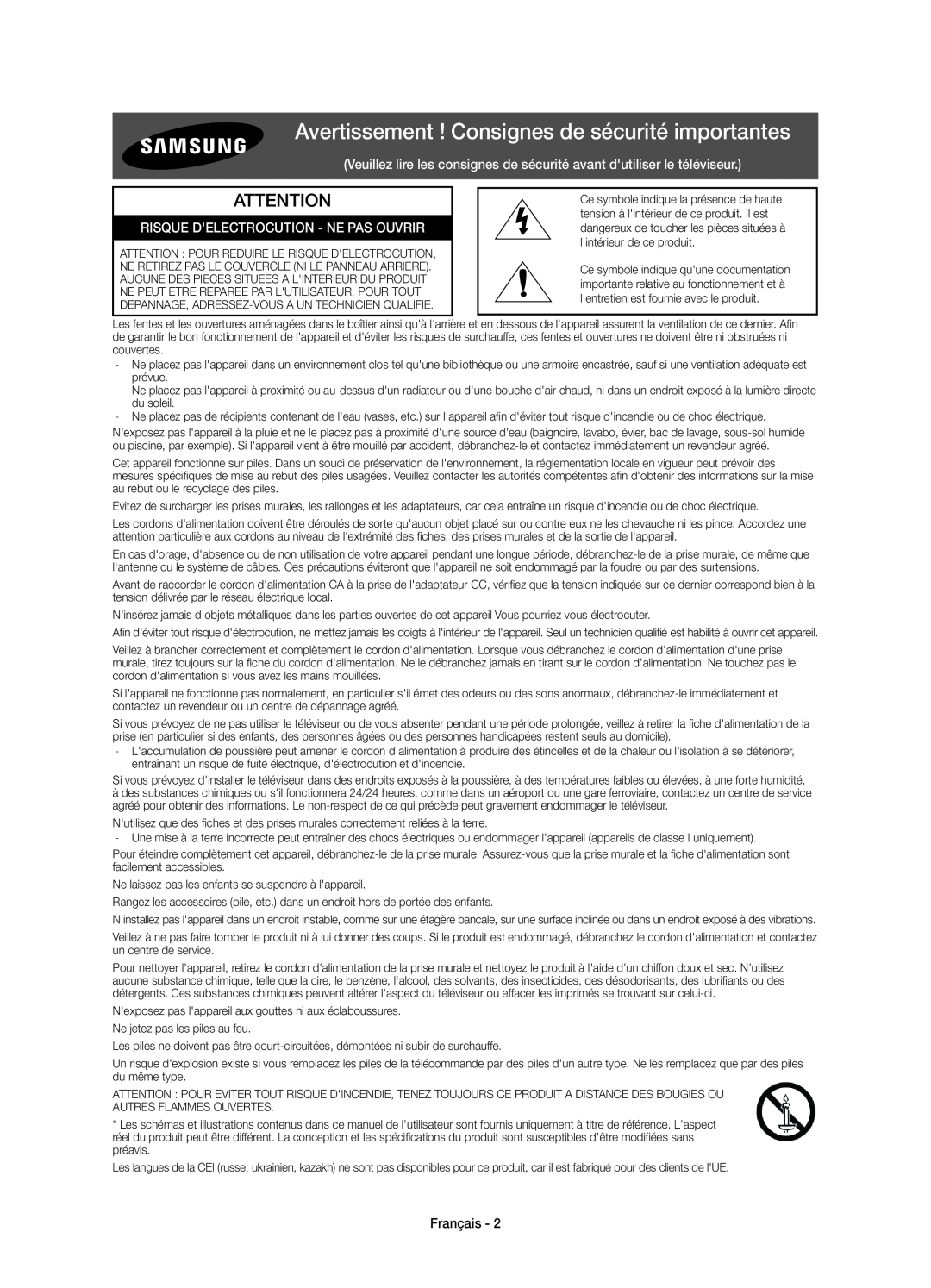 Samsung UE75JU7000TXXU manual Avertissement ! Consignes de sécurité importantes, Risque Delectrocution - Ne Pas Ouvrir 
