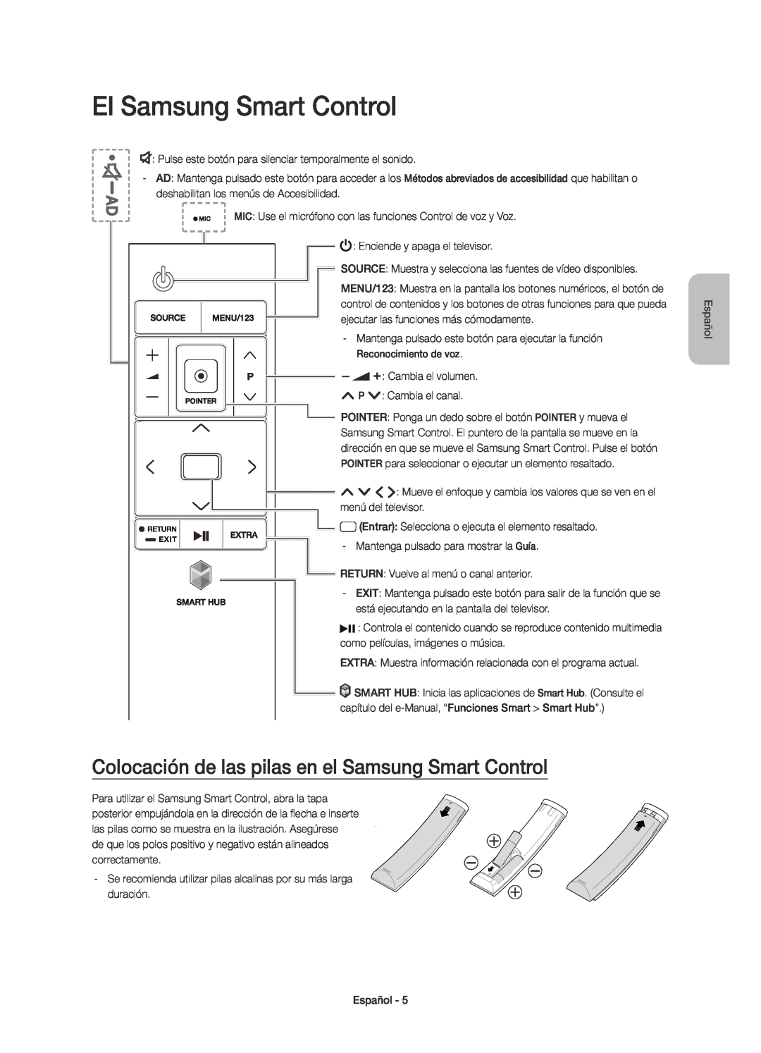 Samsung UE40JU7000TXXU, UE40JU7000TXZF manual El Samsung Smart Control, Colocación de las pilas en el Samsung Smart Control 