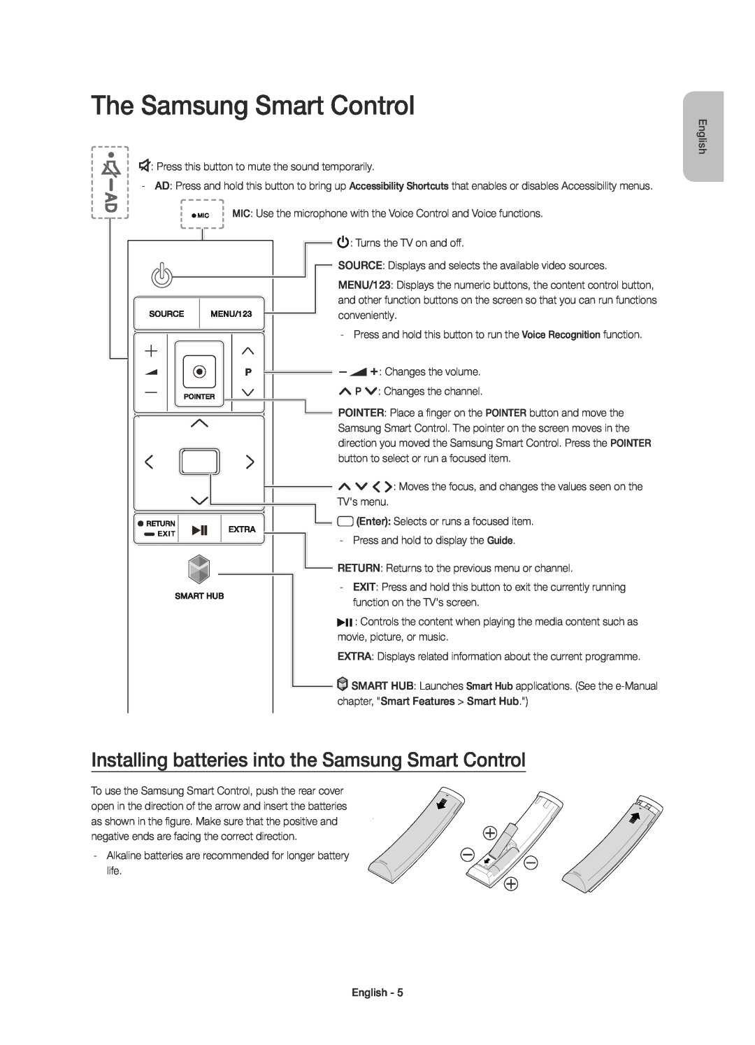 Samsung UE48JU7000TXZT, UE40JU7000TXZF manual The Samsung Smart Control, Installing batteries into the Samsung Smart Control 
