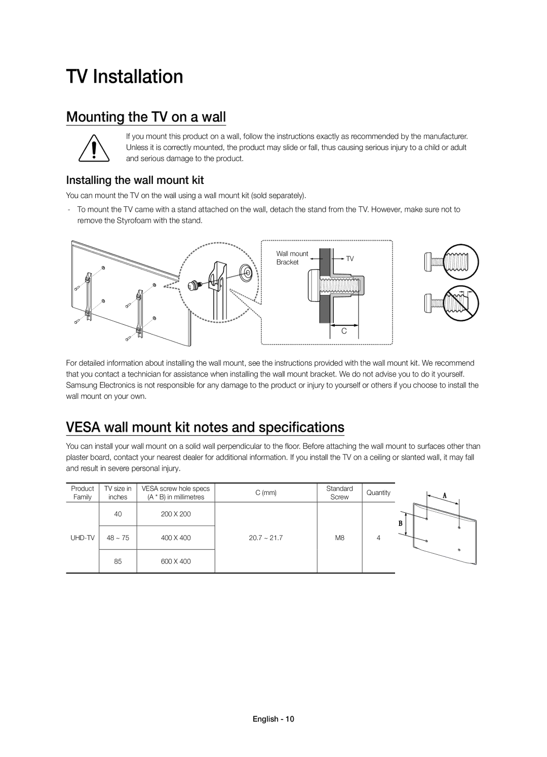 Samsung UE48JU7000TXXU manual TV Installation, Mounting the TV on a wall, Vesa wall mount kit notes and specifications 