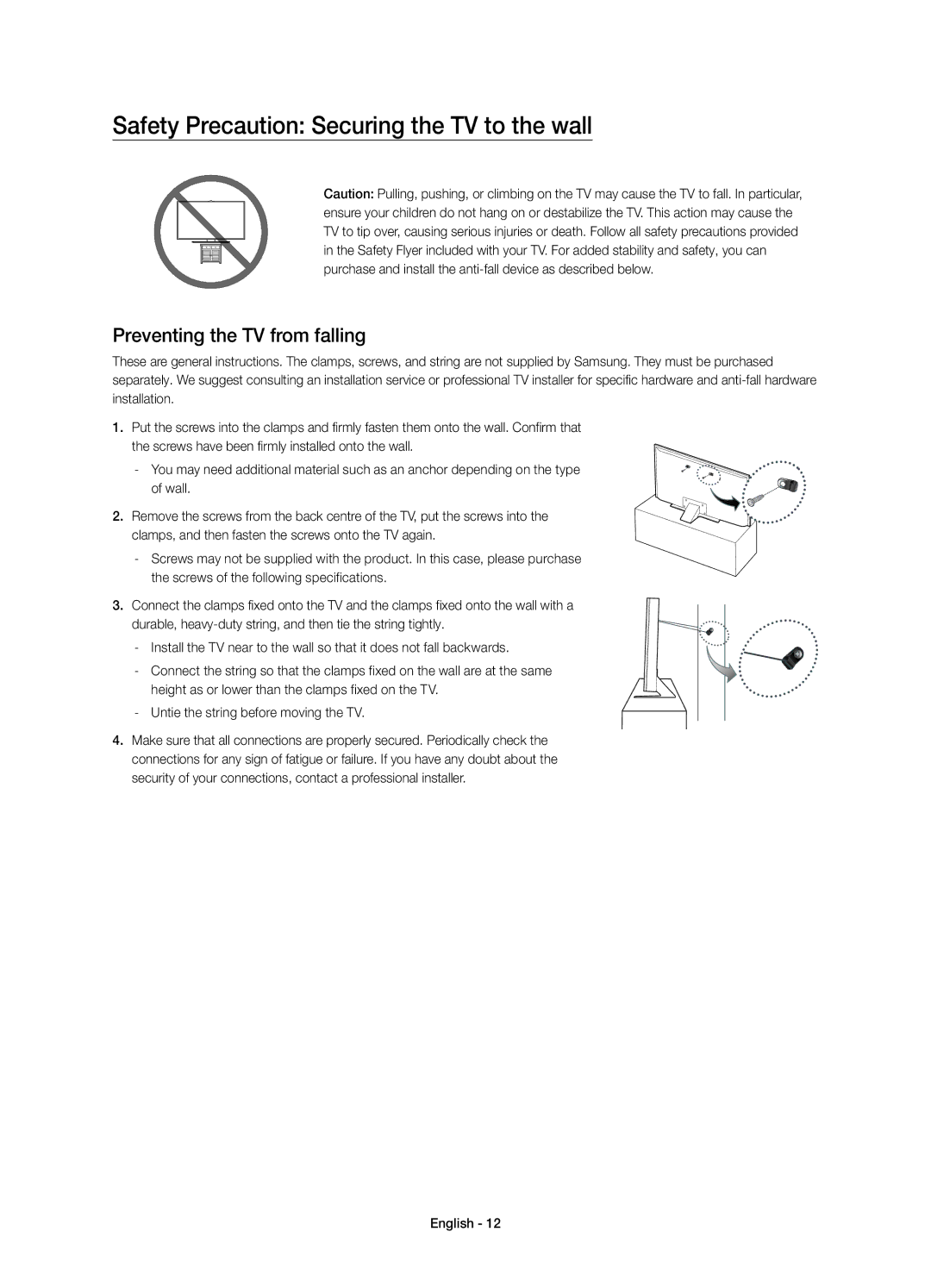 Samsung UE75JU7000TXXU, UE40JU7000TXZF manual Safety Precaution Securing the TV to the wall, Preventing the TV from falling 