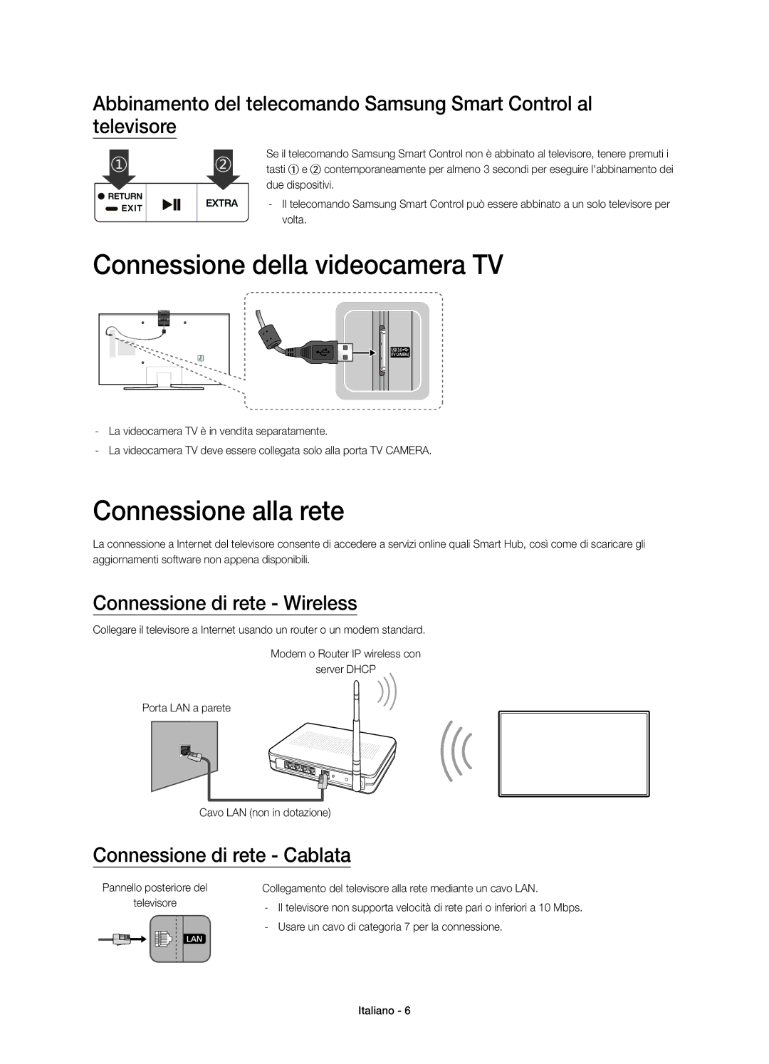 Samsung UE55JU7000TXXC manual Connessione della videocamera TV, Connessione alla rete, Connessione di rete Wireless 