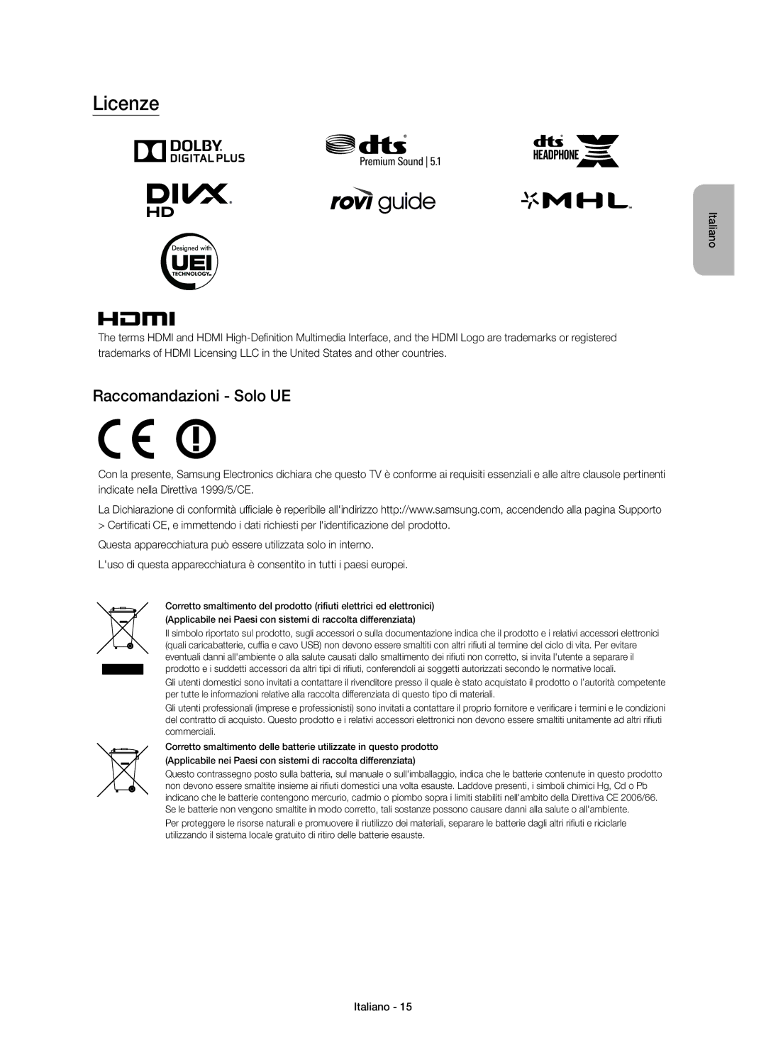 Samsung UE75JU7000TXZF, UE40JU7000TXZF, UE75JU7000TXZT, UE40JU7000TXZT, UE48JU7000TXZT manual Licenze, Raccomandazioni Solo UE 