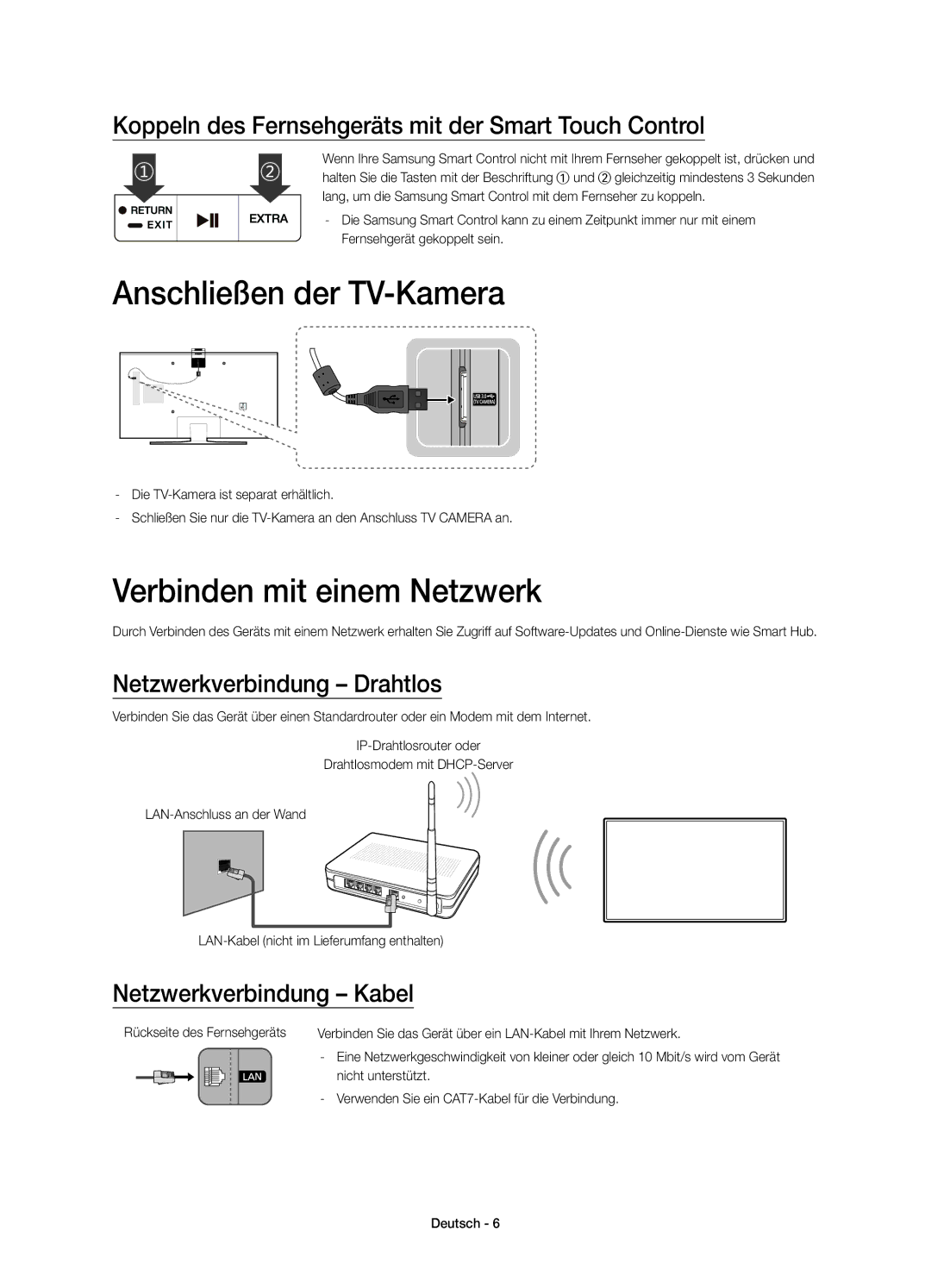 Samsung UE75JU7000TXXC manual Anschließen der TV-Kamera, Verbinden mit einem Netzwerk, Netzwerkverbindung Drahtlos 