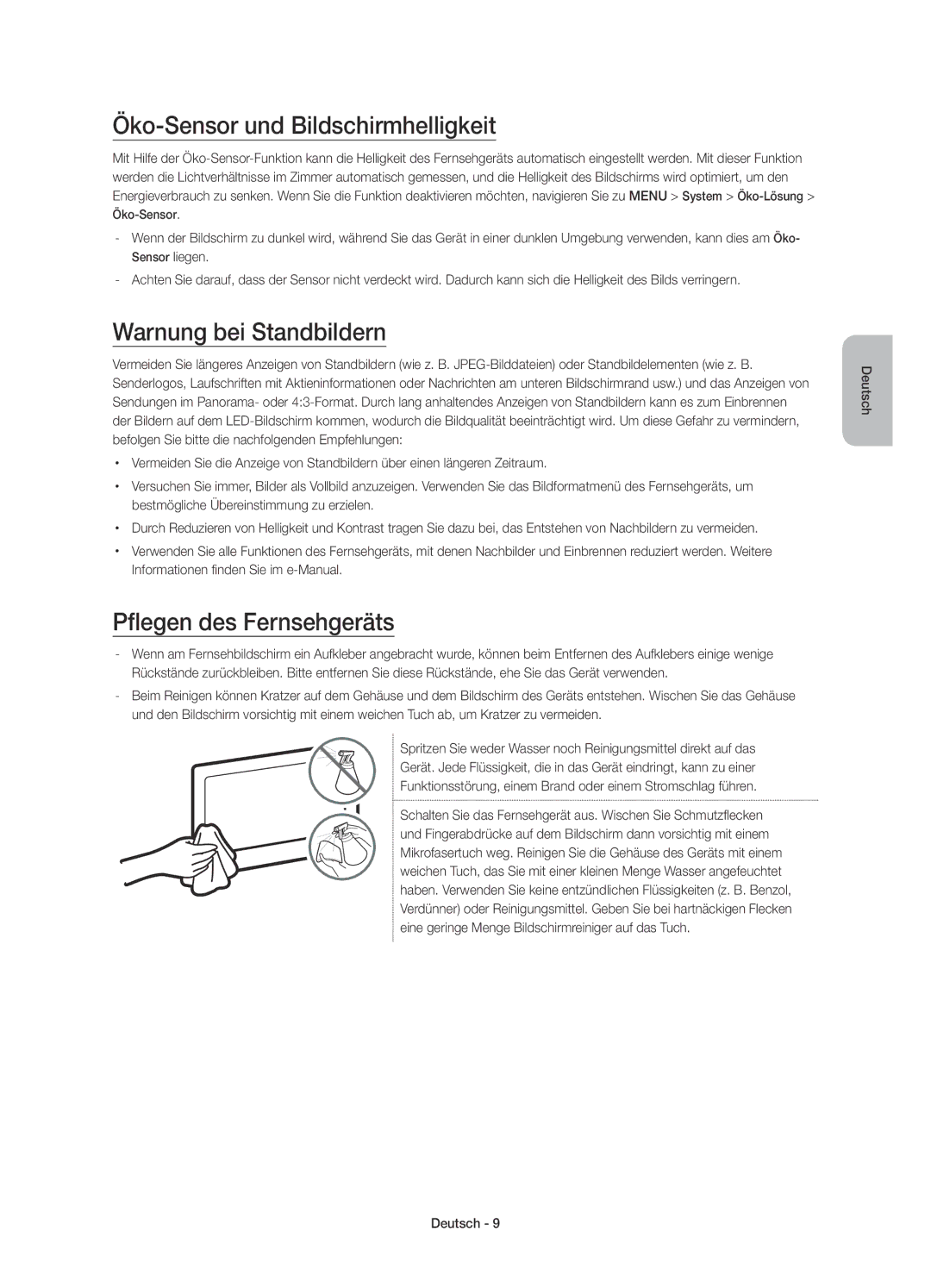 Samsung UE40JU7000TXXU manual Öko-Sensor und Bildschirmhelligkeit, Warnung bei Standbildern, Pflegen des Fernsehgeräts 