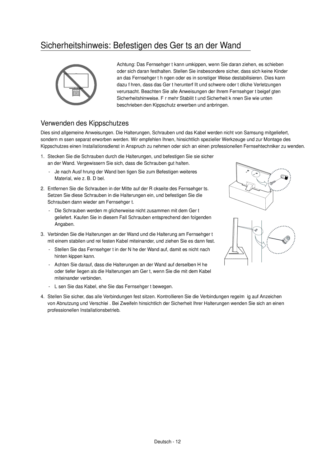 Samsung UE40JU7000TXZF, UE75JU7000TXZF Sicherheitshinweis Befestigen des Geräts an der Wand, Verwenden des Kippschutzes 