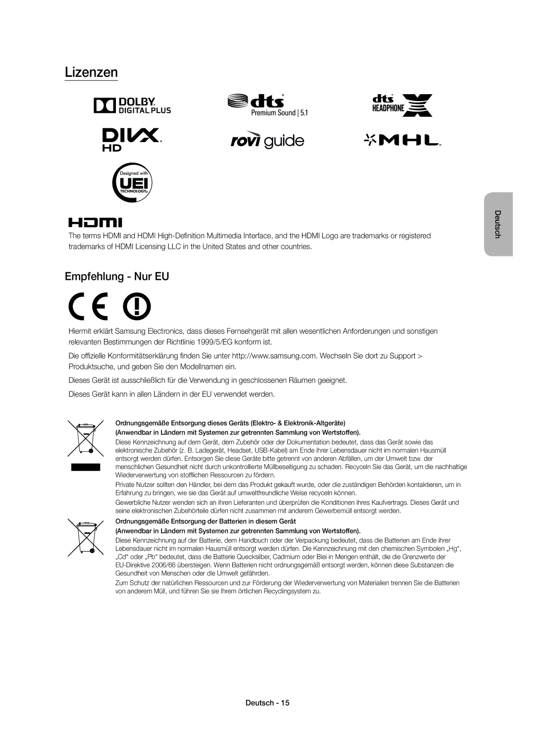 Samsung UE40JU7000TXZT, UE40JU7000TXZF, UE75JU7000TXZF, UE75JU7000TXZT, UE48JU7000TXZT manual Lizenzen, Empfehlung Nur EU 