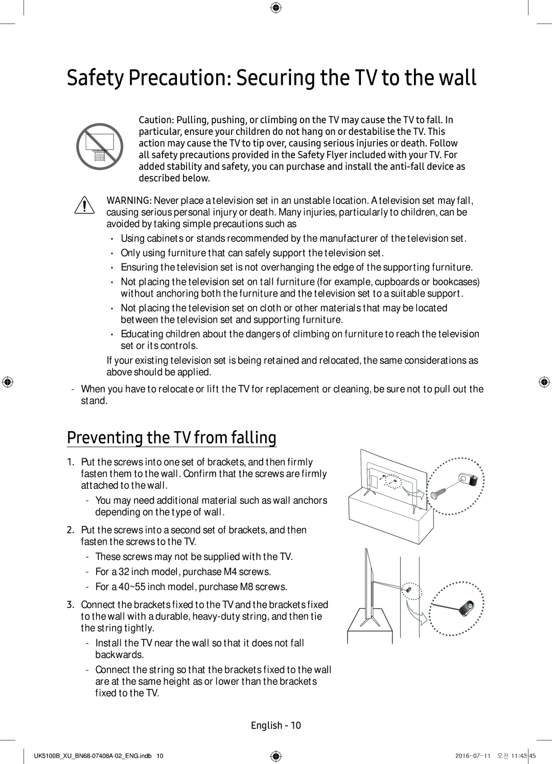 Samsung UE32K4100AKXXU, UE40K5100AKXZT manual Safety Precaution Securing the TV to the wall, Preventing the TV from falling 