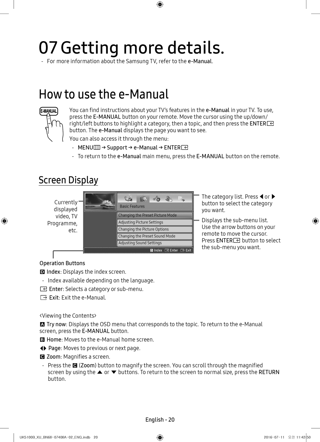 Samsung UE32K5100AKXZT Getting more details, How to use the e-Manual, Screen Display, MENUm→ Support → e-Manual → Entere 