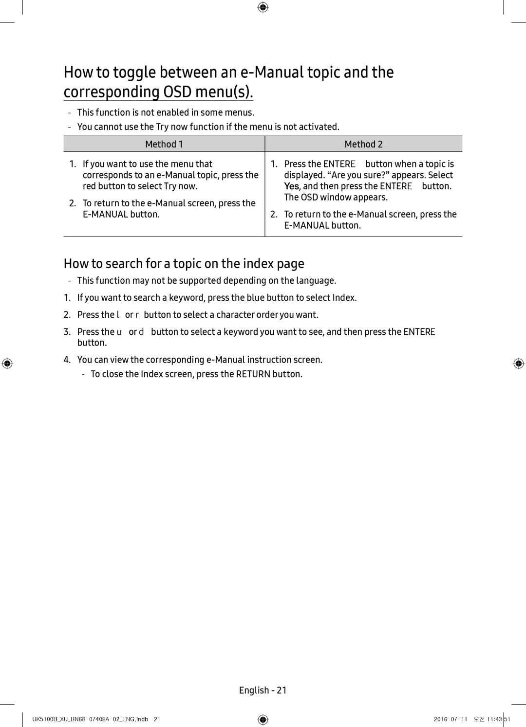 Samsung UE32K5100AKXXU, UE40K5100AKXZT manual How to search for a topic on the index, OSD window appears, Manual button 