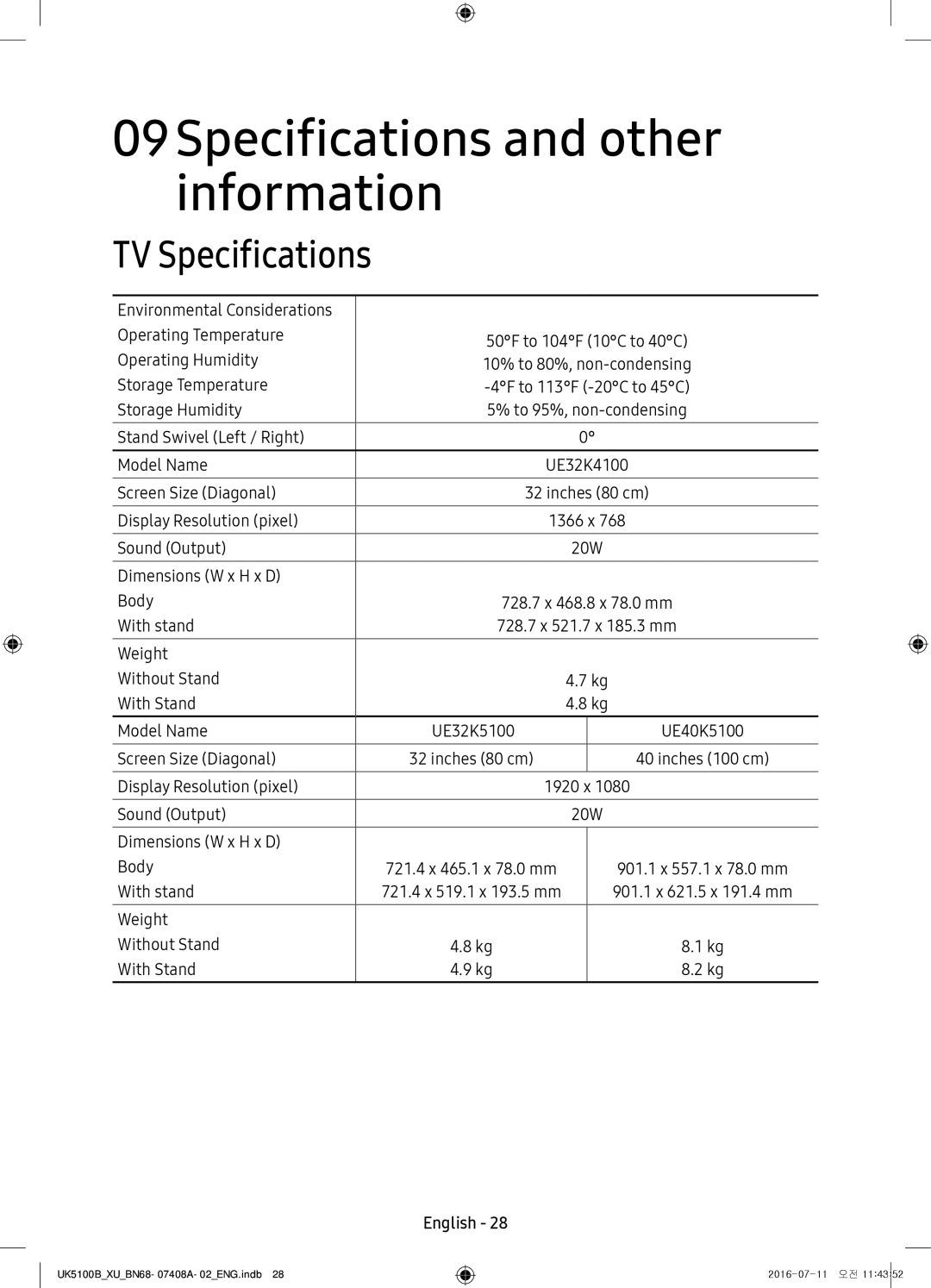 Samsung UE32K4100AKXXU, UE40K5100AKXZT, UE32K4100AKXZT manual Specifications and other information, TV Specifications 