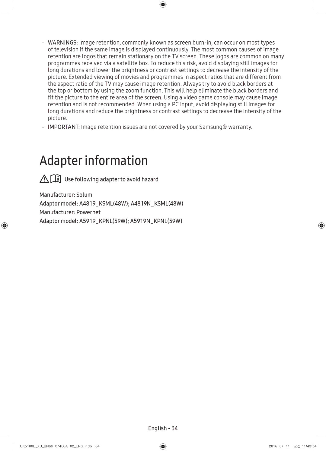 Samsung UE32K4100AKXXU, UE40K5100AKXZT, UE32K4100AKXZT, UE32K5100AKXZT, UE32K5100AKXXU, UE40K5100AKXXU Adapter information 