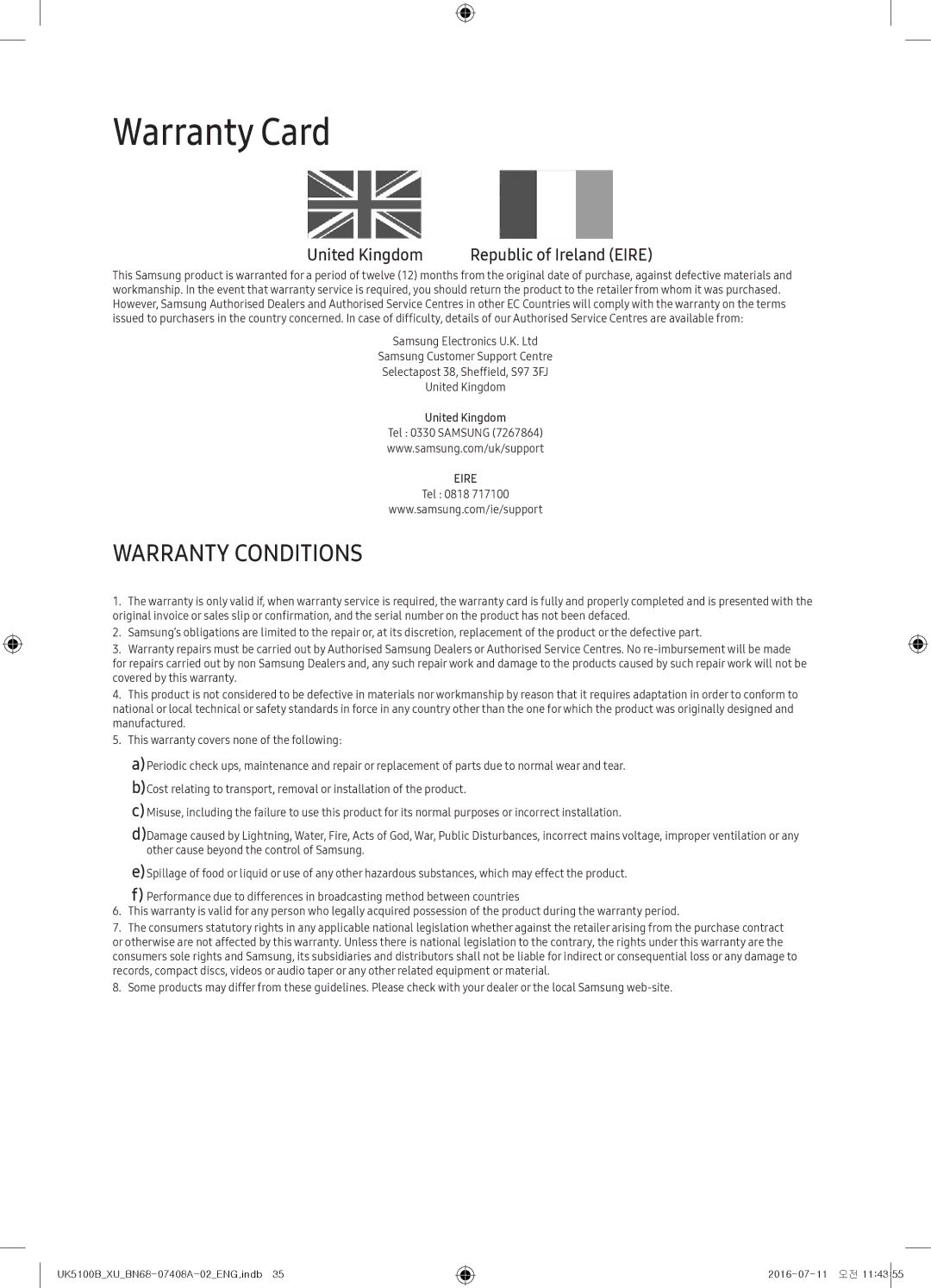 Samsung UE40K5100AKXXU, UE40K5100AKXZT, UE32K4100AKXZT, UE32K5100AKXZT, UE32K5100AKXXU manual Warranty Card, United Kingdom 