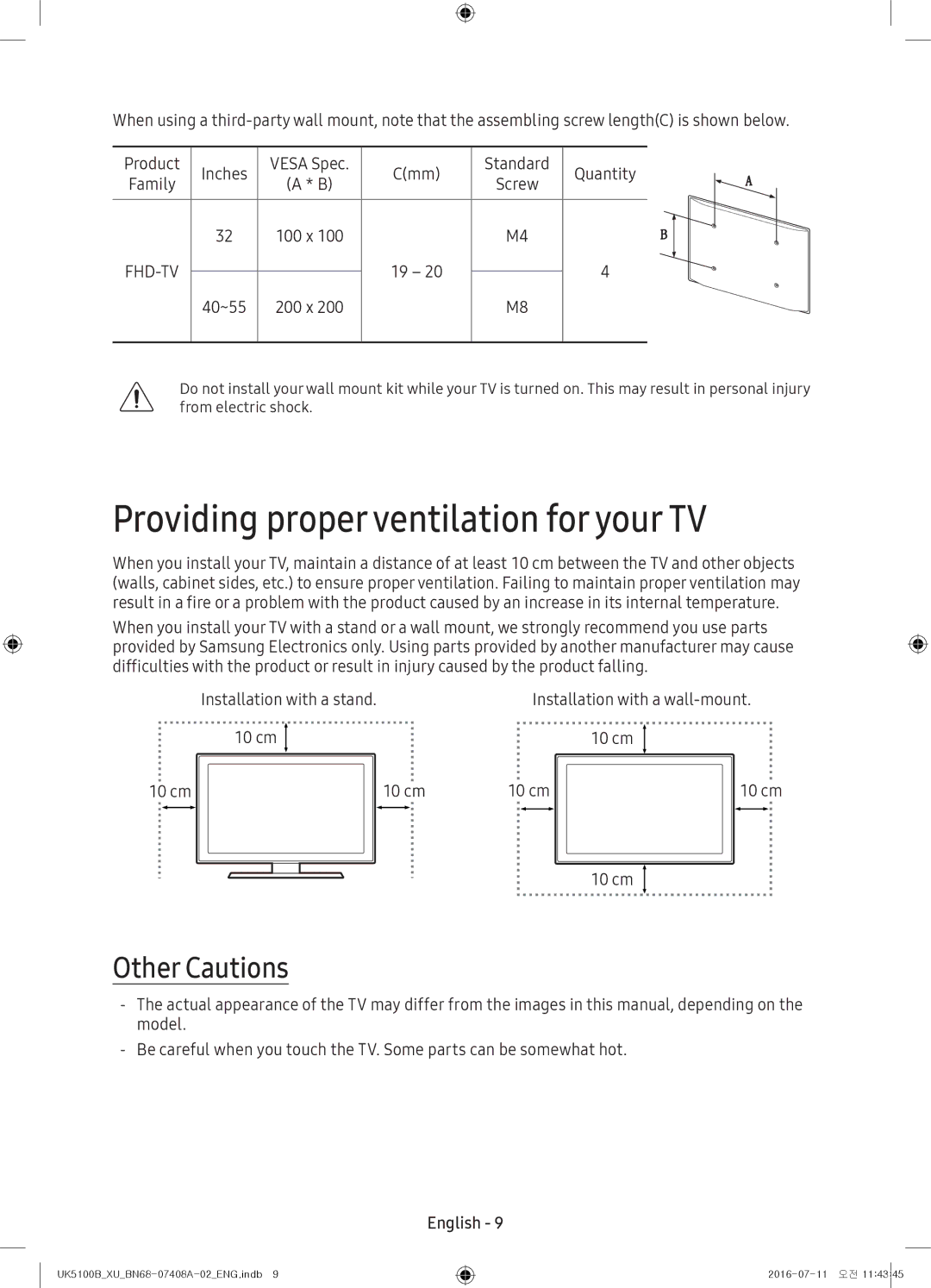 Samsung UE32K5100AKXXU, UE40K5100AKXZT, UE32K4100AKXZT manual Providing proper ventilation for your TV, Other Cautions 