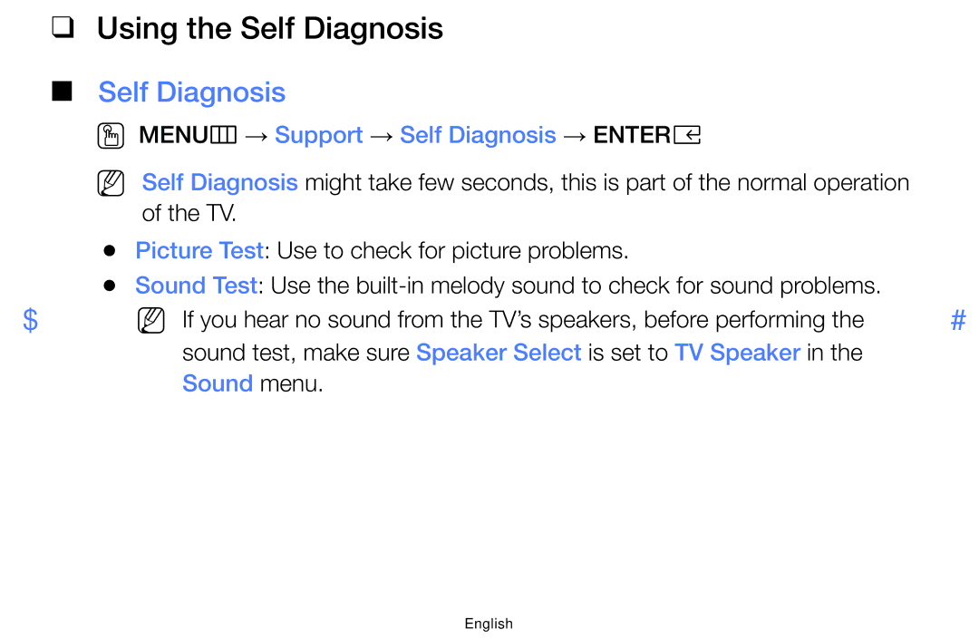 Samsung UE55K5100AKXXU, UE40K5100AKXZT Using the Self Diagnosis, OO MENUm → Support → Self Diagnosis → Entere, Sound menu 