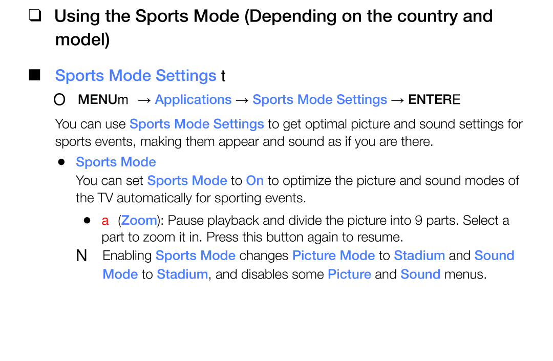 Samsung UE49K5100BUXRU, UE40K5100AKXZT manual Using the Sports Mode Depending on the country Model, Sports Mode Settings t 