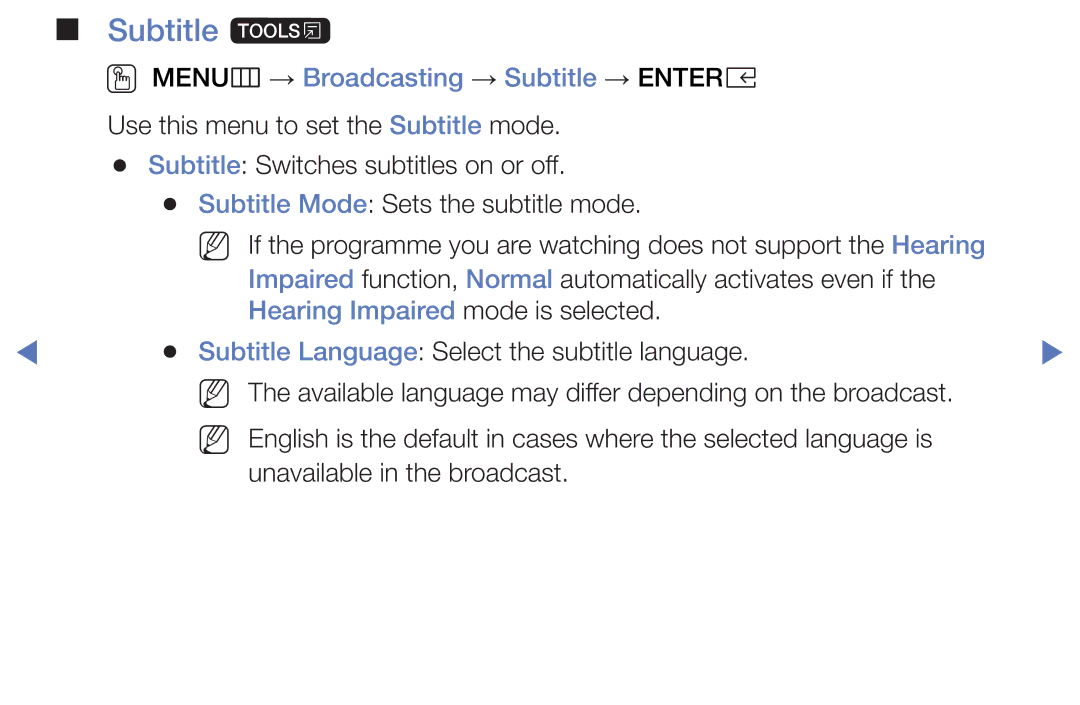 Samsung UE32K5100AKXXU manual Subtitle t, OO MENUm → Broadcasting → Subtitle → Entere, Hearing Impaired mode is selected 