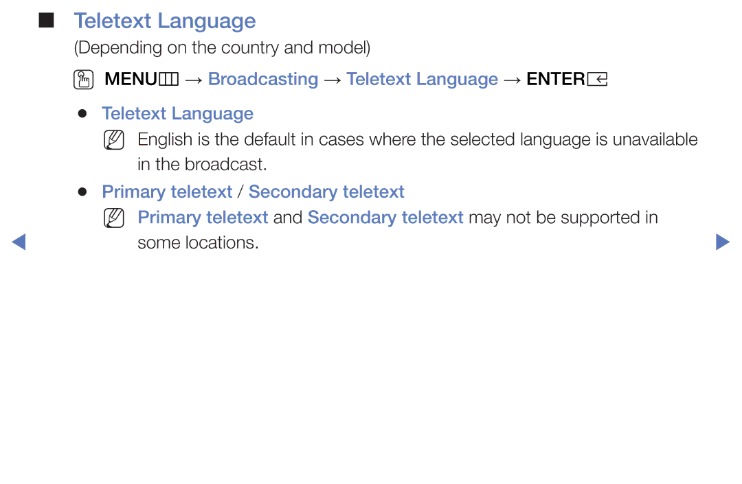 Samsung UE32K4105AKXXE, UE40K5100AKXZT, UE32K4100AKXZT manual OO MENUm → Broadcasting → Teletext Language → Entere 