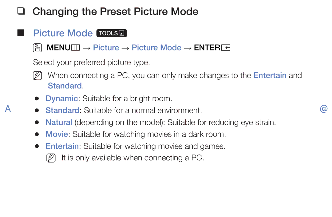 Samsung UE49K5100AKXXU manual Changing the Preset Picture Mode, Picture Mode t, OO MENUm → Picture → Picture Mode → Entere 