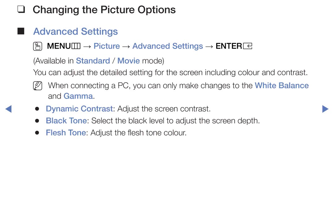 Samsung UE32K4100AUXRU, UE40K5100AKXZT Changing the Picture Options, OO MENUm → Picture → Advanced Settings → Entere 