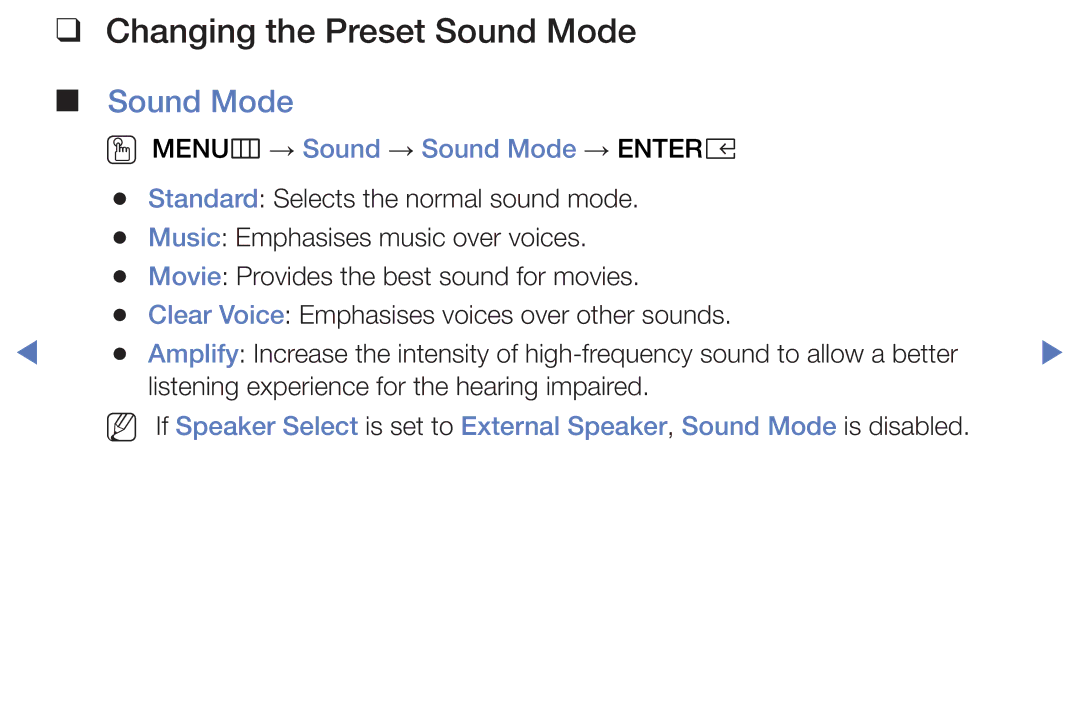 Samsung UE32K4100AKXXU, UE40K5100AKXZT manual Changing the Preset Sound Mode, OO MENUm → Sound → Sound Mode → Entere 