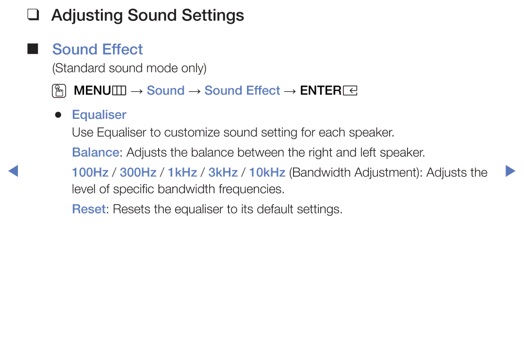 Samsung UE32K4105AKXXE, UE40K5100AKXZT Adjusting Sound Settings, OO MENUm → Sound → Sound Effect → Entere Equaliser 