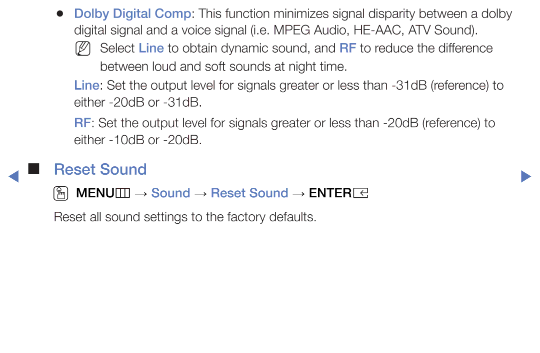 Samsung UE49K5100AUXMI, UE40K5100AKXZT, UE32K4100AKXZT, UE32K5100AKXZT manual OO MENUm → Sound → Reset Sound → Entere 