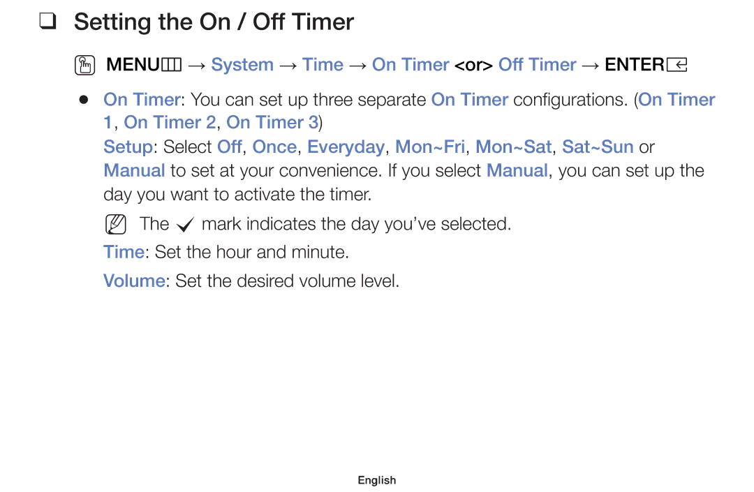 Samsung UE40K5100AKXZT manual Setting the On / Off Timer, OO MENUm → System → Time → On Timer or Off Timer → Entere 